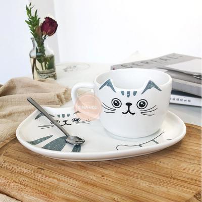 Juego De Taza+Plato Cerámica & Cuchara Diseño Cats B